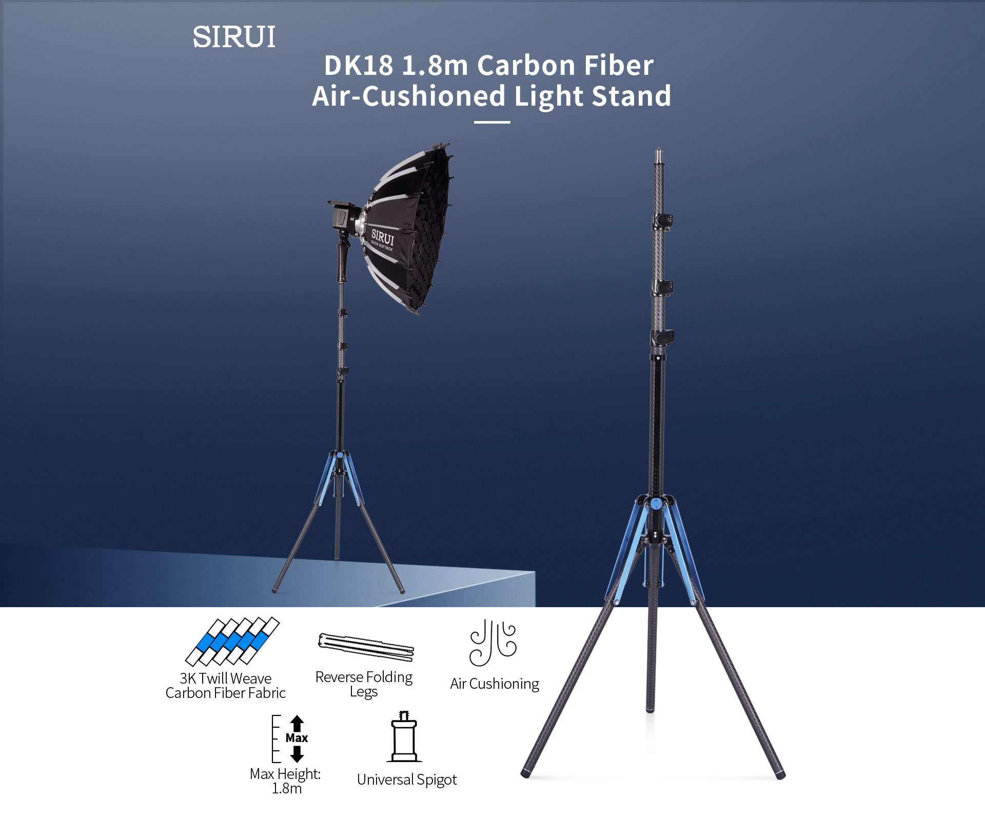 DK18 1.8m Carbon Fiber Air-Cushioned Light Stand - SIRUI USA, LLC